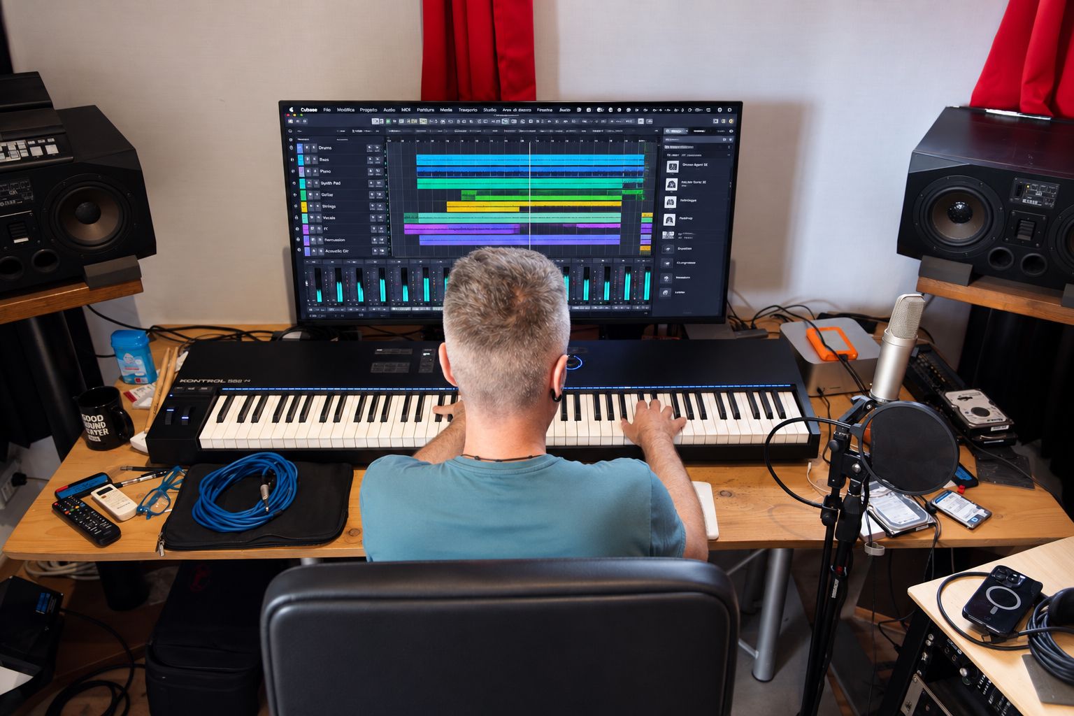 Postazione di produzione musicale con tastiera e schermo