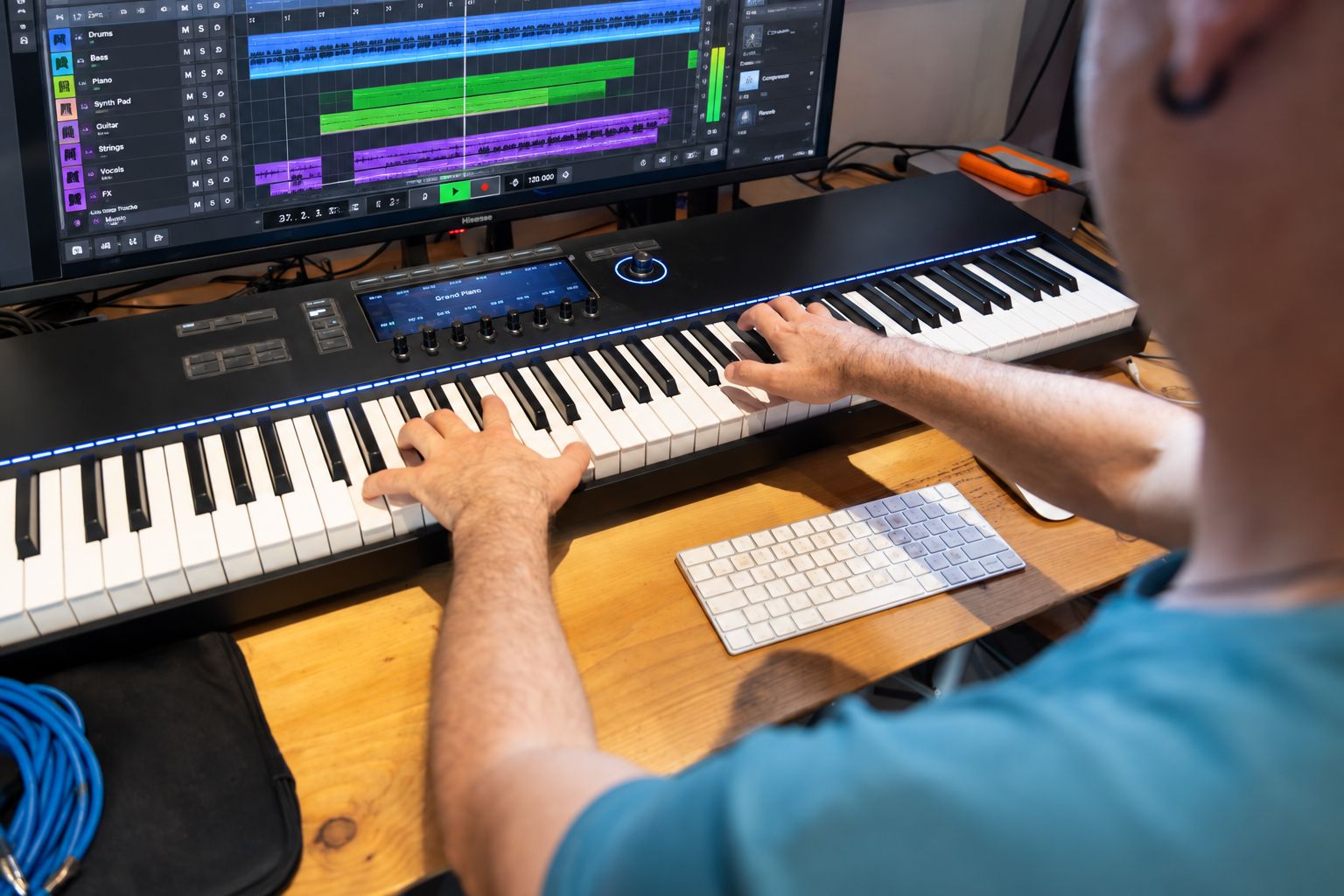 Mani sulla tastiera musicale davanti a un software audio